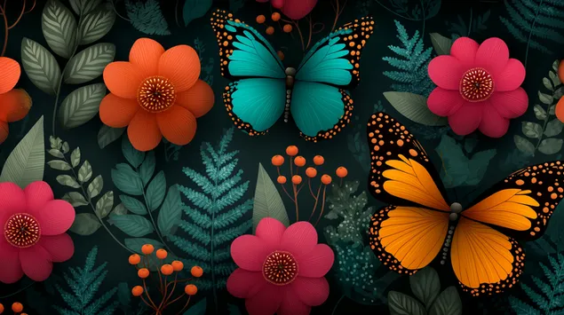 Igrivi metulji in rože v botaničnem čarovniškem vzorcu 2K ozadje