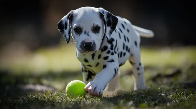 Tapeta Hravé dalmatinské štěně sahá po malém míčku na trávě 2K
