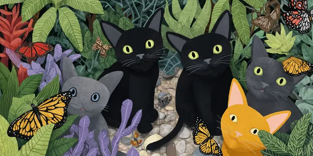 zaismingi katinai veslioje dziungliu aplinkoje su drugeliais atsisiusti