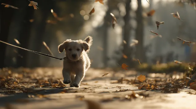 Qenush i gjallë që vrapon nëpër një peizazh të freskët vjeshtor 2K sfond