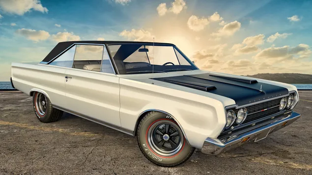 Plymouth Fury 1967 met heldere zonsopgangachtergrond 2K achtergrond
