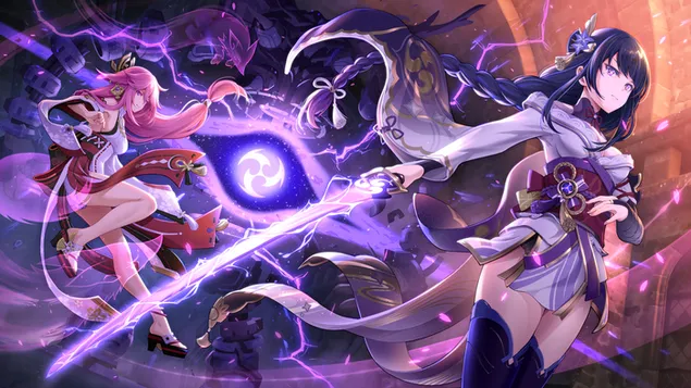 Raiden & Yae miko 的Poliarm 电动剑| 甘信冲击 6K 壁纸