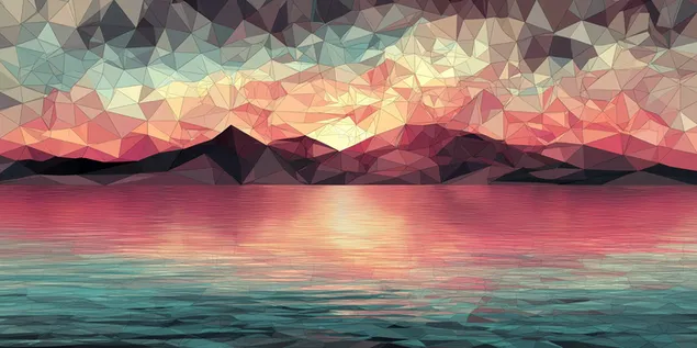 Paysage pittoresque polygonal avec un coucher de soleil sur l'eau 2K fond d'écran
