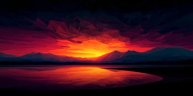 coucher de soleil polygonal sur les montagnes et un lac reflechissant telechargement