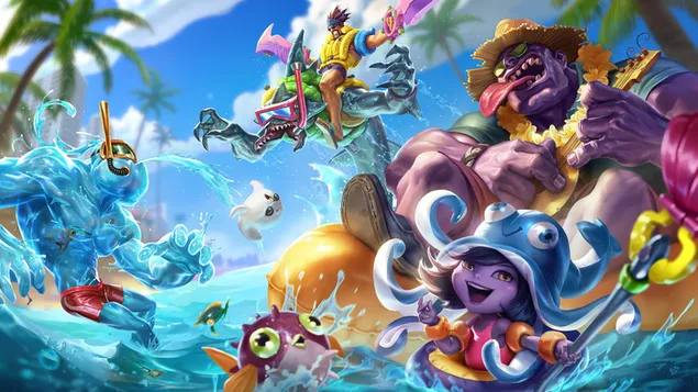 Ilustración de la salpicadura de los campeones 'Fiesta en la piscina' - League of Legends (LOL)