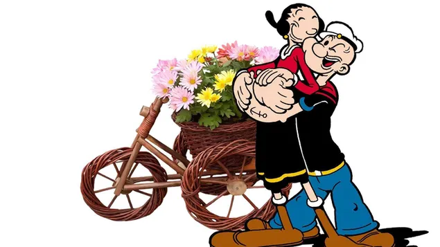 Popeye ve sevgilisi çiçekli bisikletin yanında HD duvar kağıdı