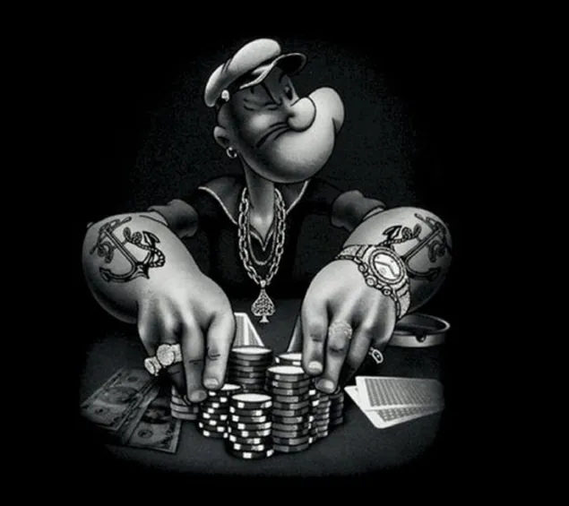 Personatge de dibuixos animats de Popeye a la taula de pòquer en blanc i negre baixada