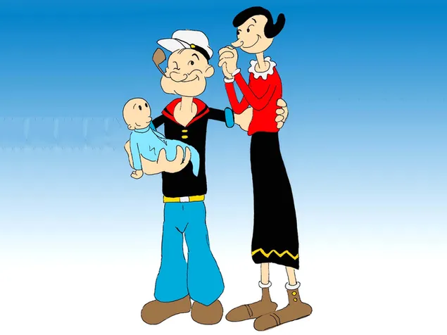Popeye, Olive Oyl y Swee'Pea posando juntos 2K fondo de pantalla