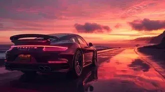 porsche 911 turbo s, sport car against the backdrop of a coastal road at sunset.