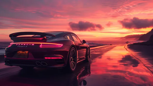 פורשה 911 טורבו S, מכונית ספורט על רקע כביש חוף בשקיעה. 8K טפט