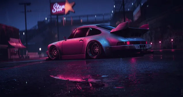 Coche Porsche de una sola puerta con luces de neón en la ciudad nocturna descargar