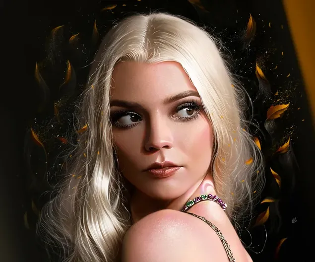 Portræt af Anya Taylor-Joy med blond hår poserer foran en sort baggrund 4K tapet