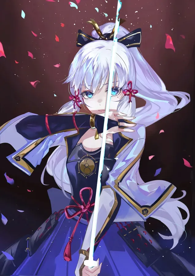 Portrait vum schéine Anime Charakter Kamisato Ayaka mat bloen Aen mam Schwert 4K Tapeten