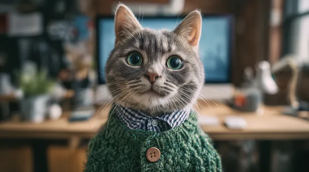 prezemete portret na slatka machka vo zelen dzhemper