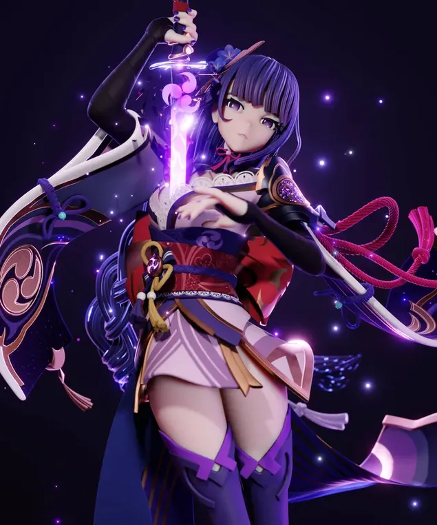 Retrat del personatge d'anime Raiden Shogun bella noia amb un vestit fantàstic amb una espasa il·luminada HD fons de pantalla