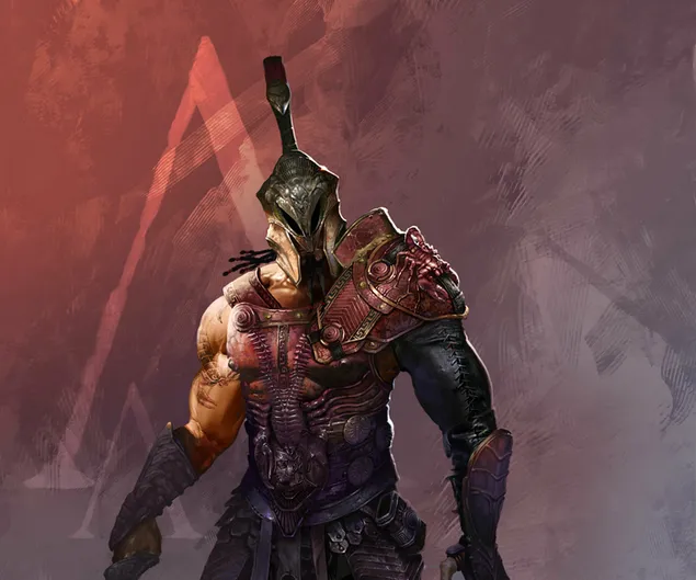 Porträt eines behelmten und gepanzerten Charakters aus dem Videospiel Achilles: Legends Untold vor einem grau-rot getönten Hintergrund