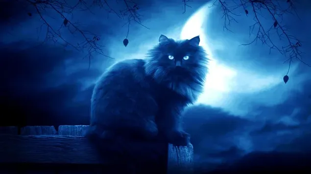 Pose de gato brillante entre siluetas de árboles con vista de media luna en la noche