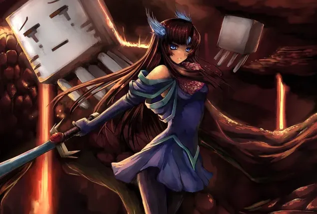 Posisie van blou-oog bruin langharige anime vegter pragtige meisie met swaard in die hand 2K muurpapier