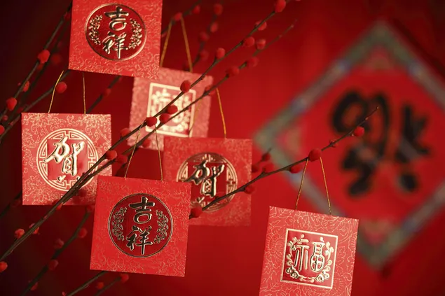 Postcard of red cards hanging on tree branch for chinese new year celebration