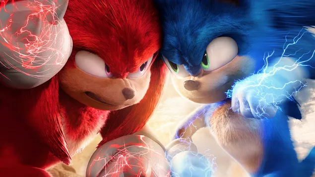 Póster de personajes rojos y azules de la película Sonic the Hedgehog 2
