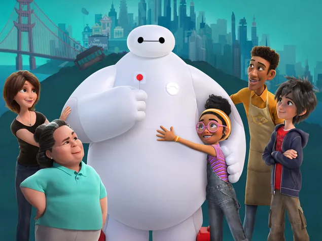 Posteri i protagonistit të filmit të animuar të Big Hero 6, Baymax dhe personazheve të aktorëve të animuar 2K sfond