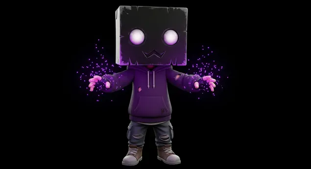 דמות קופסה עוצמתית עם הילה סגולה כהה ופליטת אנרגיה לרקע שולחן העבודה 4K טפט