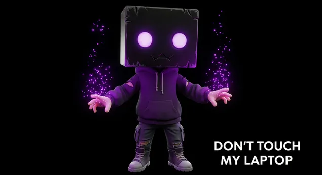דמות קופסה עוצמתית עם הילה סגולה כהה ואומרת "אל תיגעו במחשב הנייד שלי" 4K טפט
