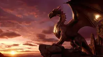 일몰 무렵 험준한 봉우리를 지키는 강력한 청동 용 2K 배경화면