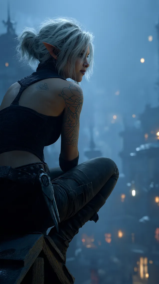 אלפית חזקה עם קעקועים יושבת על גג המשקיף על עיר מיסטית HD טפט