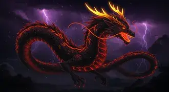 Tapeta Mocný ohnivý dům draka v bouřce pro pozadí plochy 4K