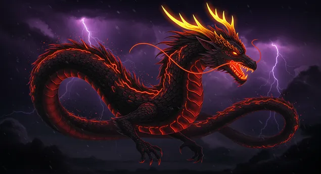 Kraftfullt eldigt drakehus i en åskväder för skrivbordsbakgrund 4K bakgrund