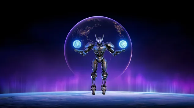 kragtige mecha met dubbele sfere wat oor die wereld sweef aflaai