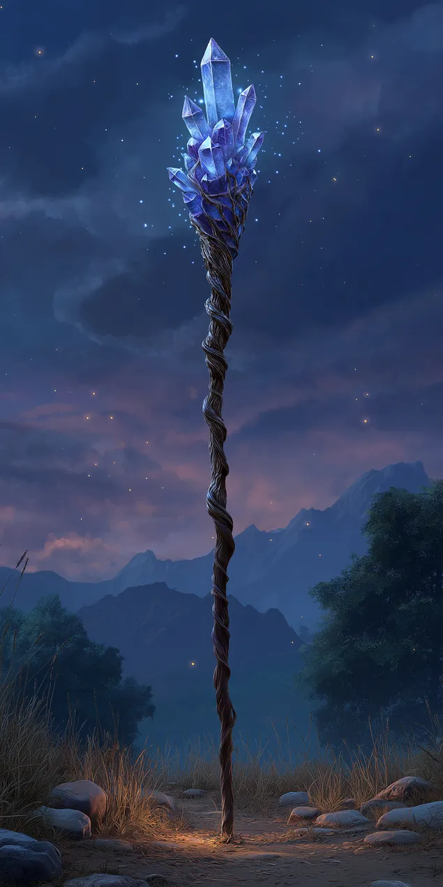 poderos basto de bruixot amb cristall lluminos en un prat al capvespre baixada