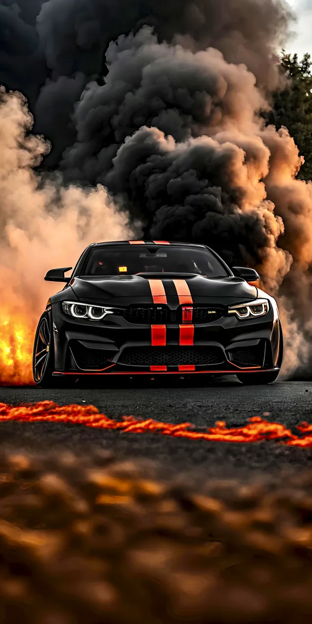 snazan sportski automobil stvara crni dim i plamen na cesti preuzmi