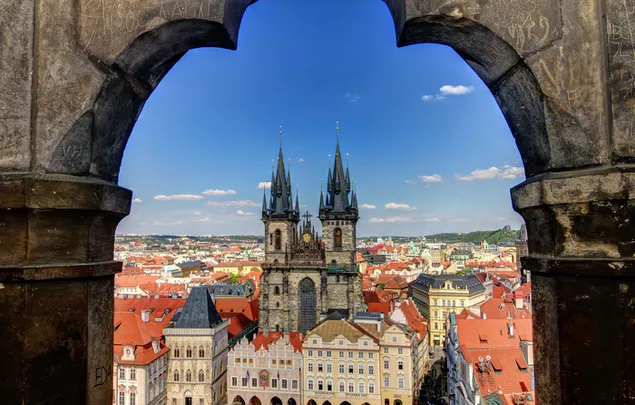 Ciutat de Praga - Església de Sant Nicolau al paisatge urbà de Praga 2K fons de pantalla