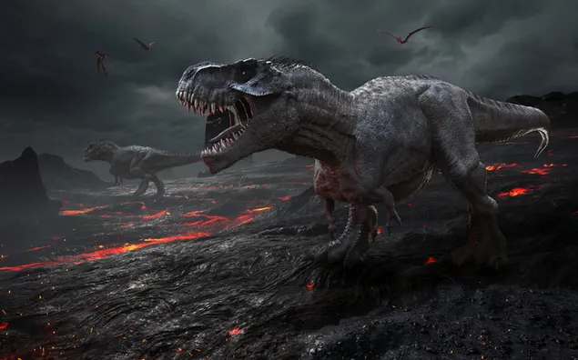火山の溶岩火災の先史時代の恐竜