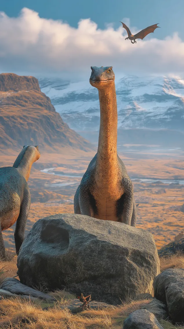 Tapeta Prehistoričtí obři v rozlehlé hornaté krajině HD