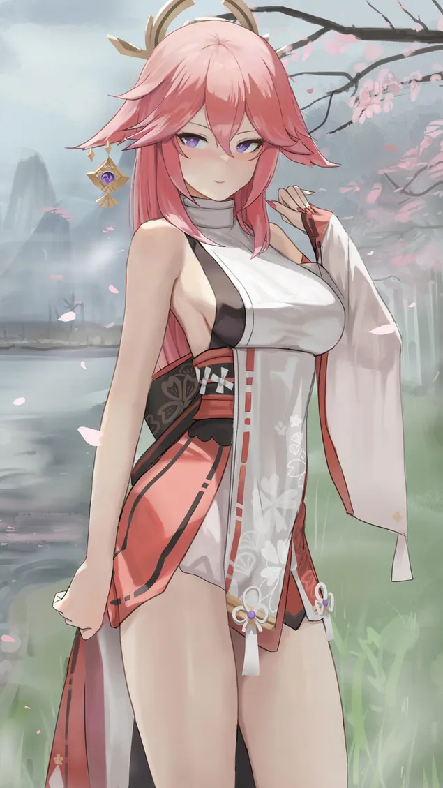 Taustpilt Päris ilus tüdruk Yae Miko | Genshini mõju 2K