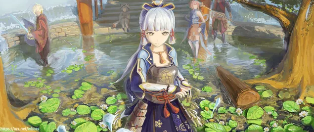 Лепа девојка Камисато Ајака у малом језеру | Генсхин Импацт 2K позадина