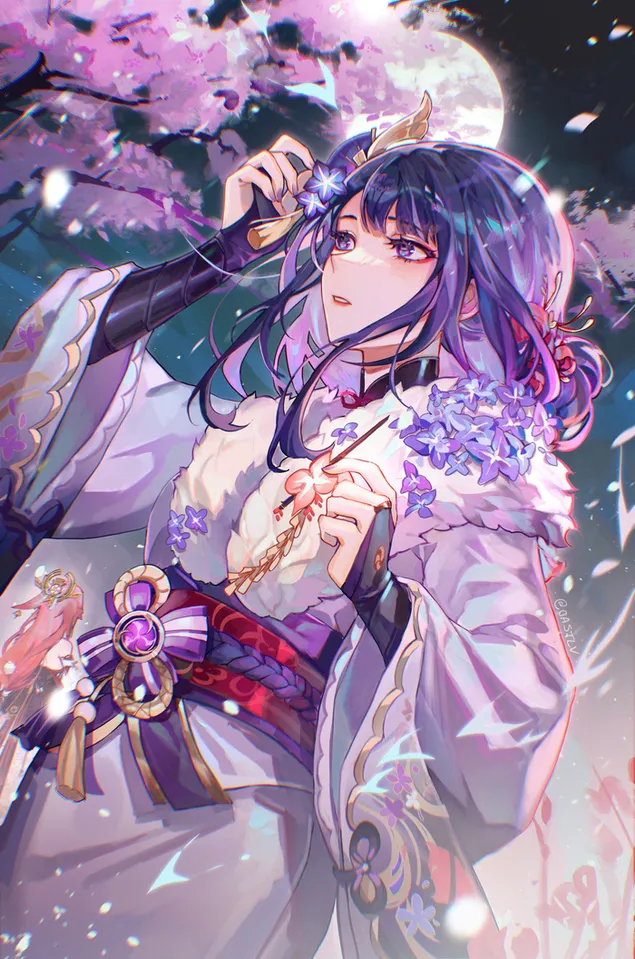 Páipéar balla Cailín deas Raiden Shogun | Tionchar Genshin2K