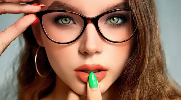 Преземете Убава девојка со жолти очи со очила и зелени нокти