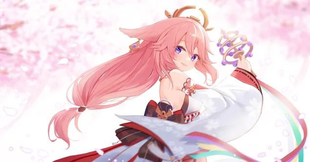 สาวสวย Yae Miko ผมยาวสีชมพู | เก็นชิน อิมแพ็ค 2K วอลเปเปอร์