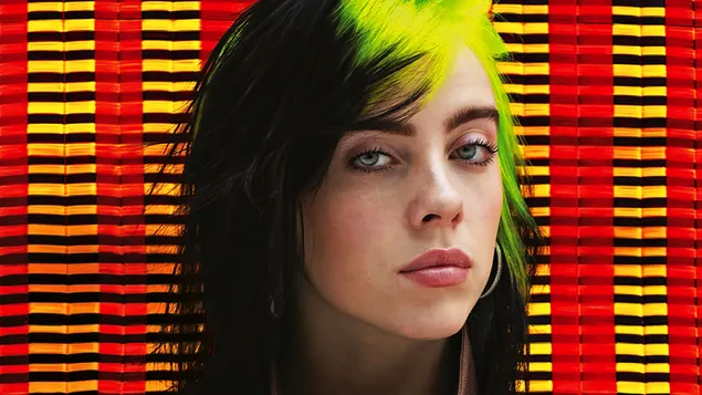 Die hübsche Sängerin Billie Eilish in ihrem neongrünen Ombre-Haar 4K Hintergrundbild