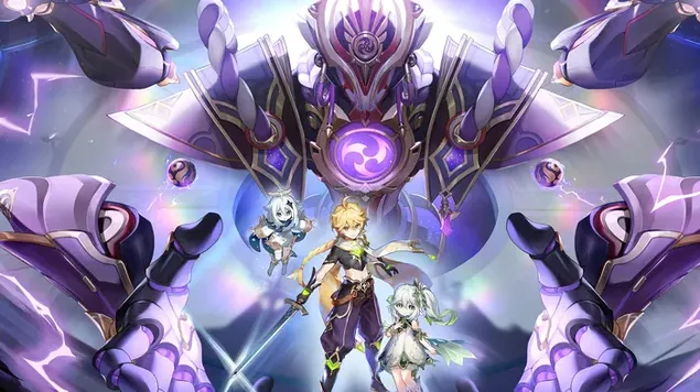 Protagonist 'Aether' mit Nahida & Paimon - Genshin Impact (Anime-Videospiel) 4K Hintergrundbild