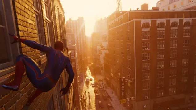 PS4 Spider Man-game - The Amazing Spider Man Movie Suit met uitzicht op zonsondergang aan de muur download