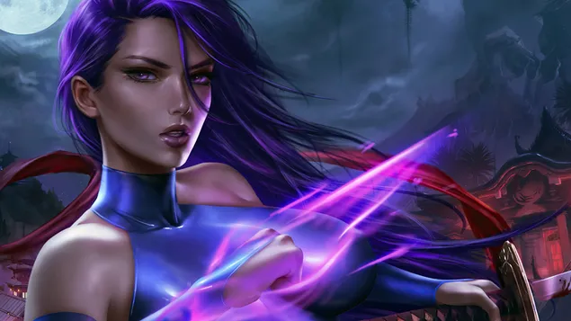 Psylocke („Marvel“) superherojė mergina 4K ekrano užsklanda
