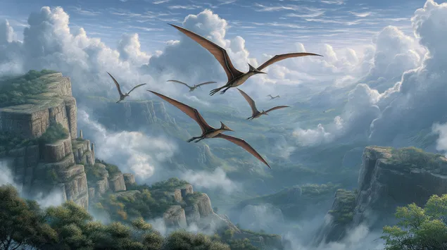 pterosauriers vliegen over een mistige, prehistorische bergvallei download