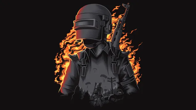 Karakter game seri video game PUBG dengan kamuflase hitam dan visual yang ditembakkan senjata unduhan