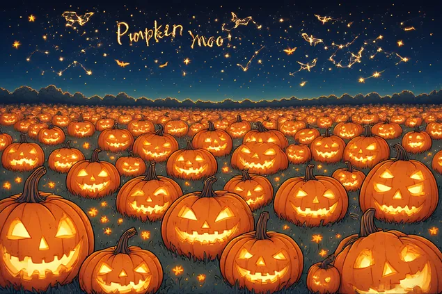 prezemete tikva pod dzvezdi shto pagjaat -- svetlechki rezbani litsa, magichno nokjno nebo so sodzvezdija vo oblik na liljatsi, tekst ,,magija na tikva'' na sonliv nachin.