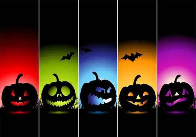 Bí ngô cho hình bóng halloween trên nền vàng, đỏ, xanh lá cây, xanh lam và cam